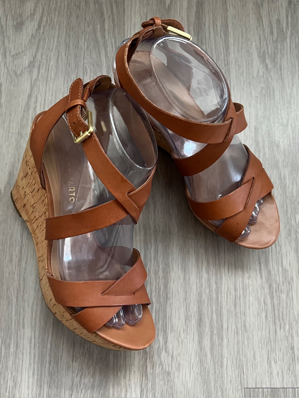 Franco Sarto Brown Leather Cork Wedge Crisscross Ankle Strap Sandals Women’s